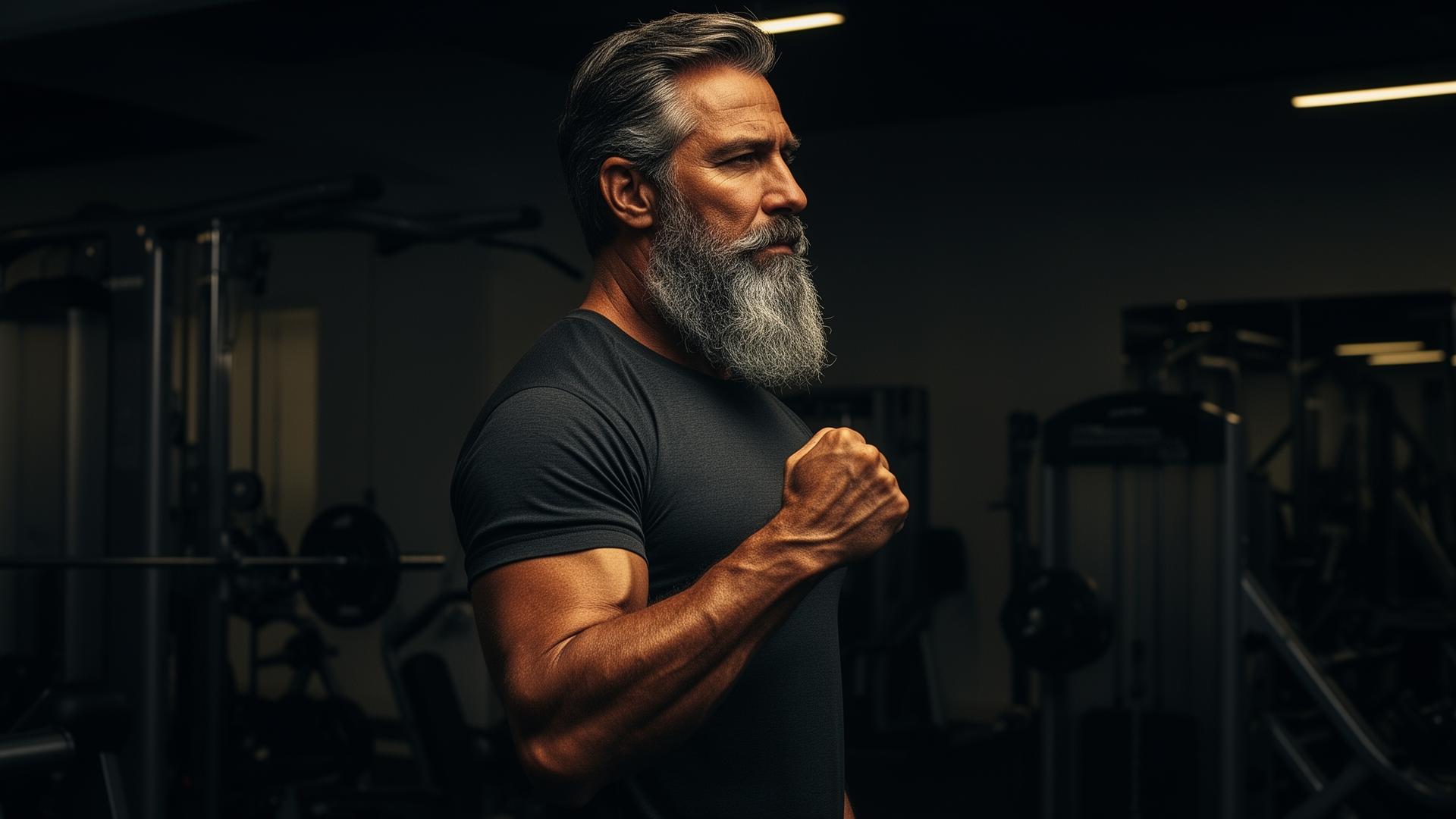 Confident athletic man in dark gym setting